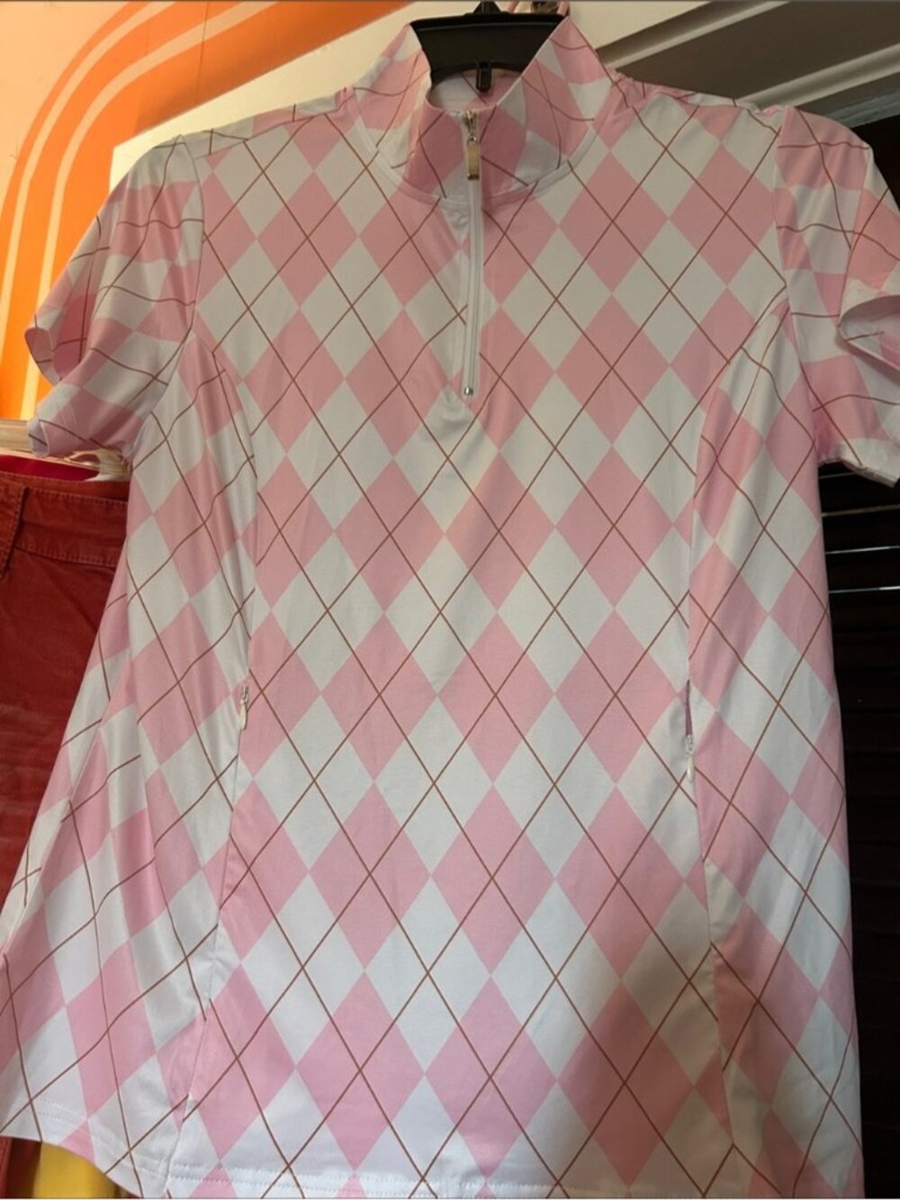 Short Sleeve Pink Argyle Zip Polo Top